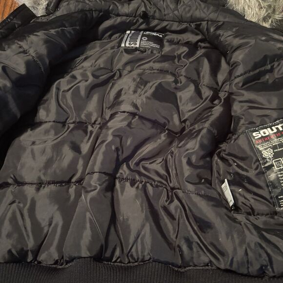 Southpole Women's M VTG Y2K Hooded Puffer Bomber Jacket Fur Trim Black Hip Hop - Picture 9 of 16